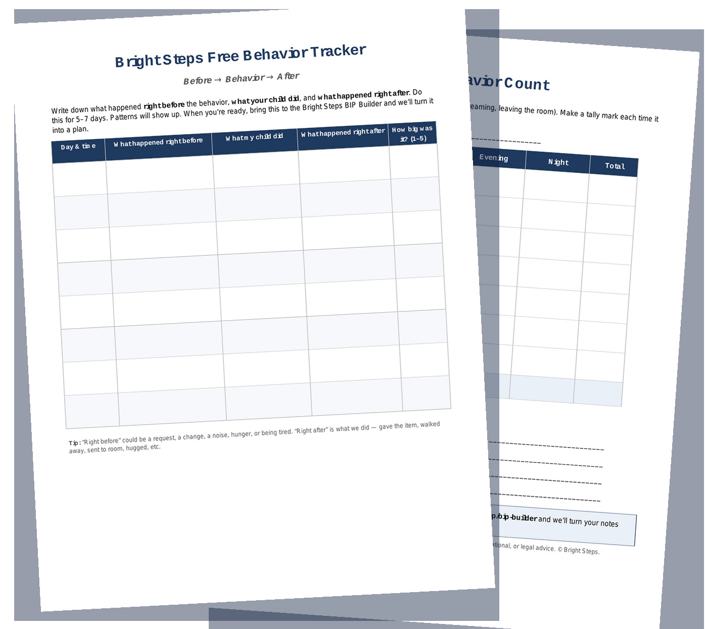Two-page Bright Steps free behavior tracker — Before / Behavior / After log and 7-day count grid
